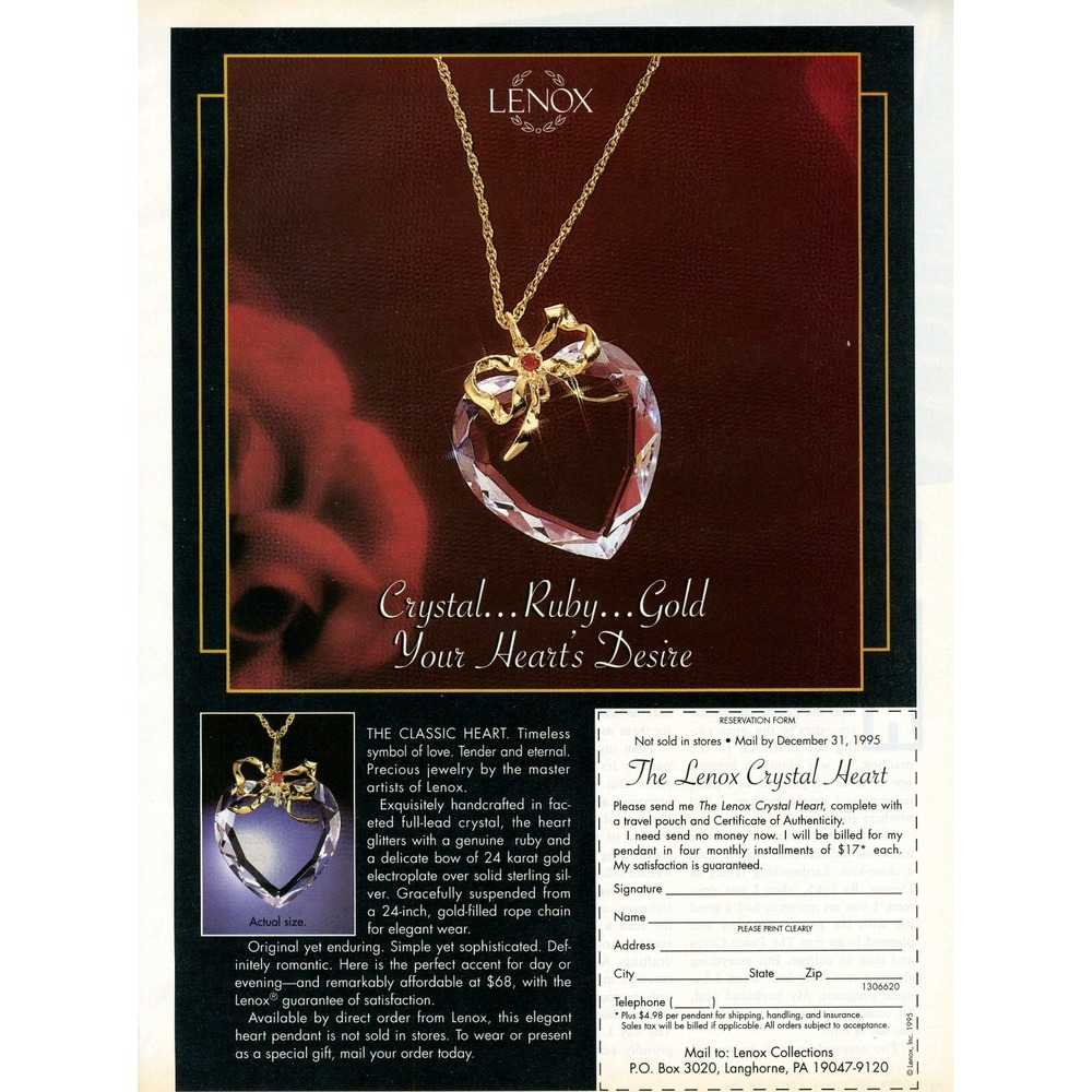 The Lenox Crystal Heart Jewelry Necklace 1995 Vintage Magazine Print Ad